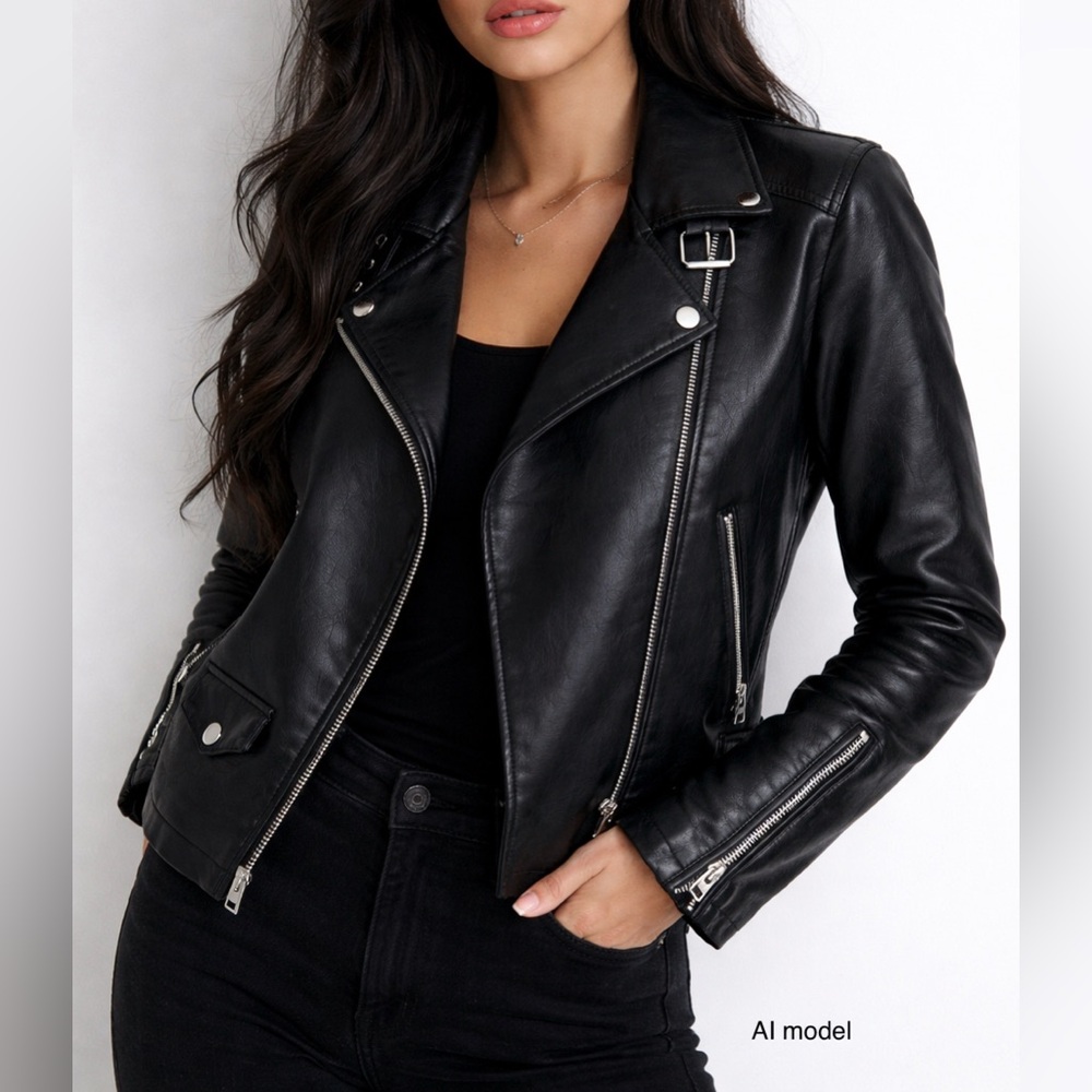 Topshop Vegan Black Leather Biker Jacket with Silver Hardware